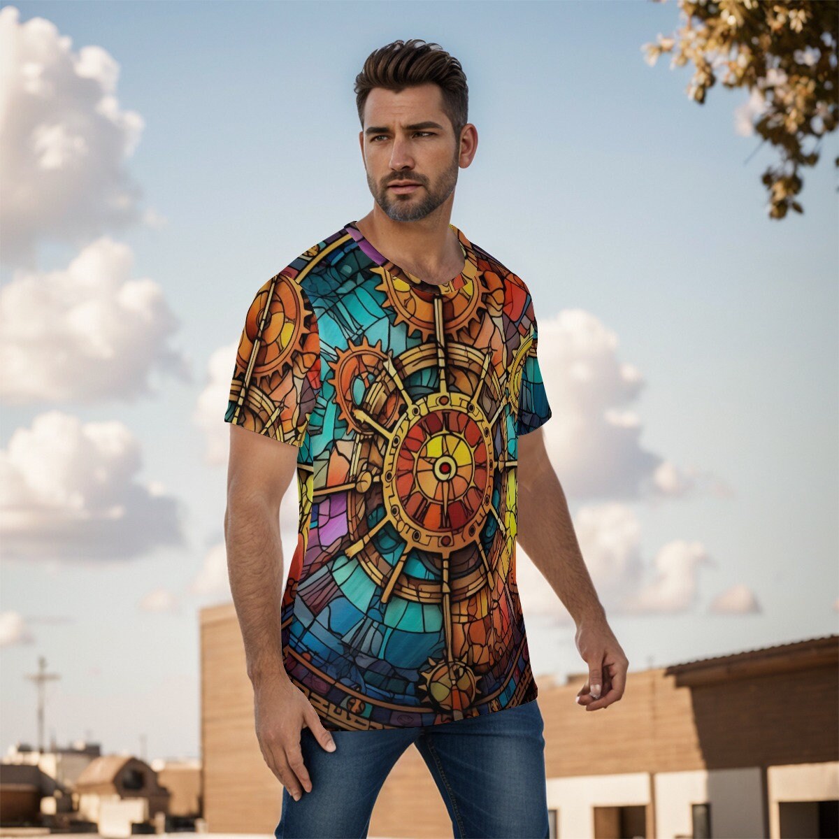 All-Over Print Men's O-Neck T-Shirt Stainglass Clockworks