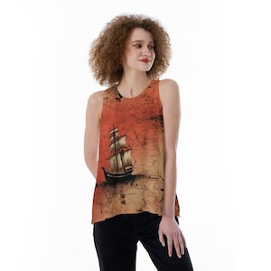 Camiseta sin mangas holgada con estampado integral para mujer, mapa del barco pirata rojo