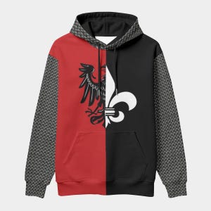 Puede incluir: Una sudadera con capucha con un diseño dividido. Una mitad es roja con un emblema de águila negra, la otra mitad es negra con una flor de lis blanca. Las mangas tienen un patrón de cota de malla.