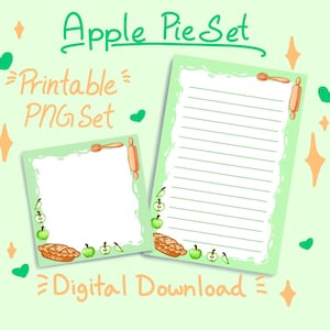 May include: Printable digital download set of two green and white lined note papers with apple pie, rolling pin, and spoon illustrations. The text "Apple Pie Set" and "Printable PNG Set" are at the top of the image. The text "Digital Download" is at the bottom of the image.