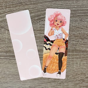 Ice Cream Girl Bookmark | Glossy | Kawaii Anime Girl | Cute Dessert Art | Book Lover Gift | Double Sided | Stationery | Handmade | Book Worm
