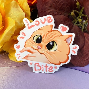 May include: Orange cartoon cat sticker with big eyes and a pink heart. The cat is biting a finger and the sticker says "Love Bite" in pink and white text.