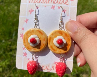 Fluffy Strawberry Pancake Polymer Clay Earrings | Unique Handmade Jewelry | Kawaii Fun Food Accessories | Dangle Earrings | Nickel Free