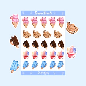 May include: A sheet of stickers featuring various frozen treats with a cat theme. The stickers include ice cream cones, popsicles, snow cones, and ice cream sandwiches. The text "Frozen Treats" and "BigKittyNip" are included on the sheet.