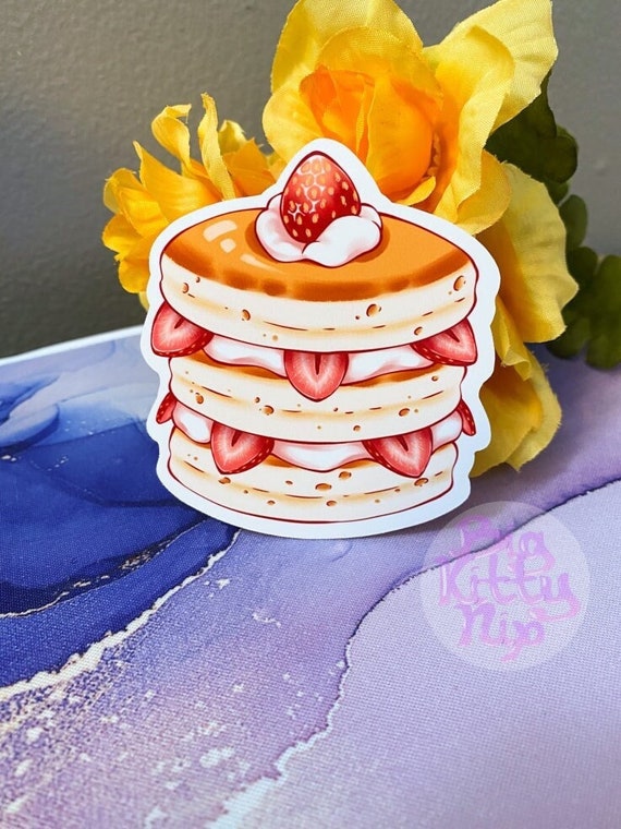 Cute Strawberry Pancake Sticker | Kawaii Food Sticker | Glossy Sticker | Weather Resistant Vinyl Sticker | Cute Die Cut Sticker