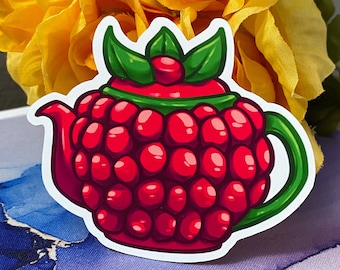 Raspberry Teapot Sticker | Kawaii Fruit Sticker | Glossy Vinyl Sticker | Weather Resistant | Cute Laptop Decal | Journal