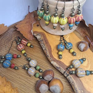 Ceramic bead boho earrings*red, blue, green, tan, yellow bronze beads*