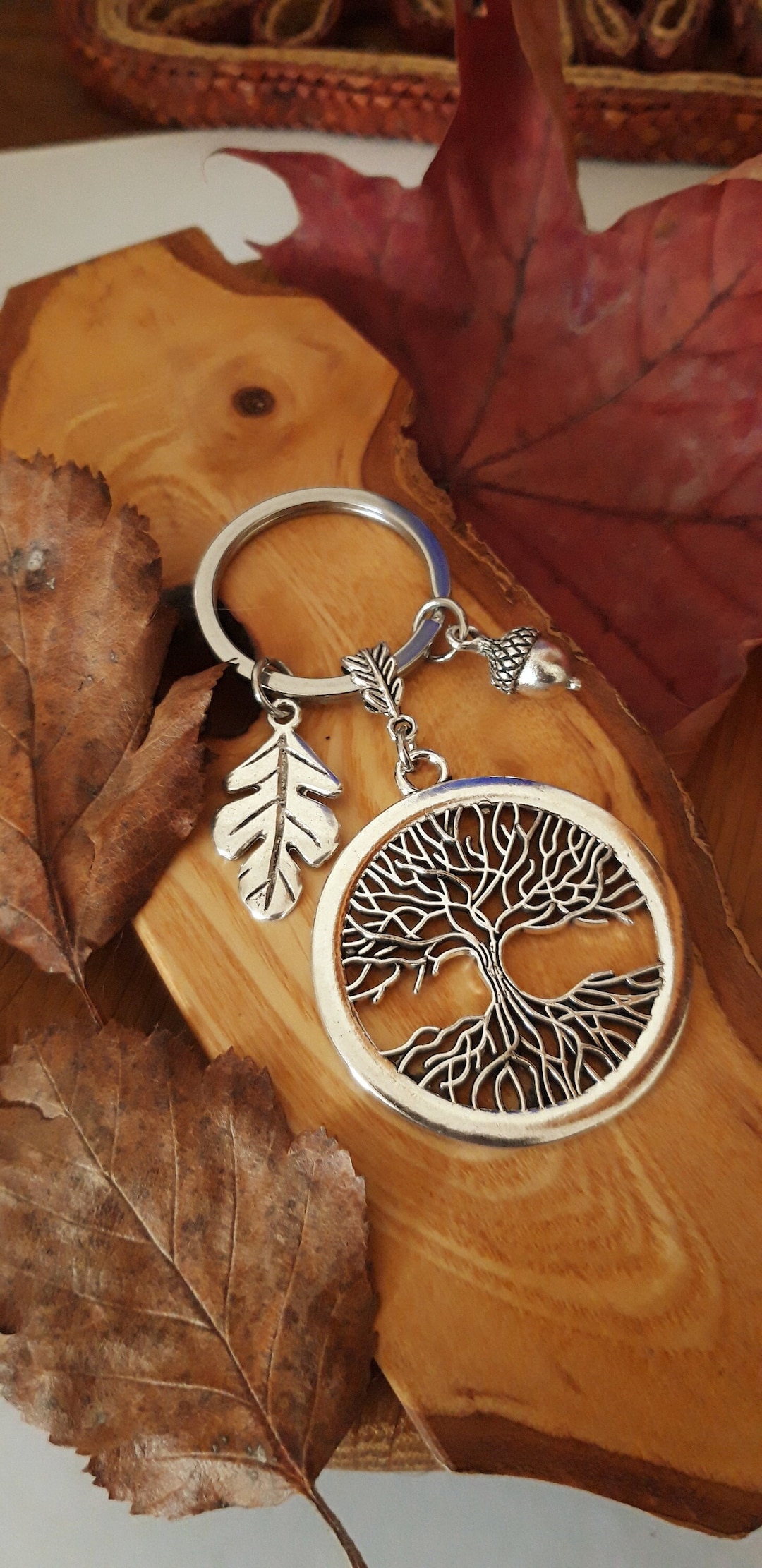 Tree of Life Keyring: Oak Leaf Acorn Stainless Steel Keychain - Etsy