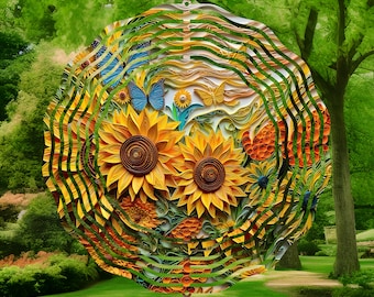 May include: A circular metal wind chime with a layered design of paper flowers in shades of yellow, orange, and green. The flowers are arranged in a spiral pattern, creating a sense of movement and depth. The wind chime is suspended from a metal ring and features a delicate butterfly design.
