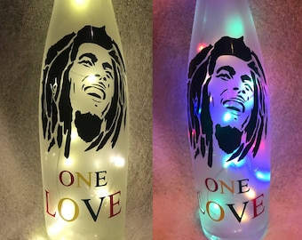Bob Marley One Love light up wine bottle / Up-cycled Wine bottle / Wine Lover Gift / Night Light / Friends gift / home bar / Rasta light