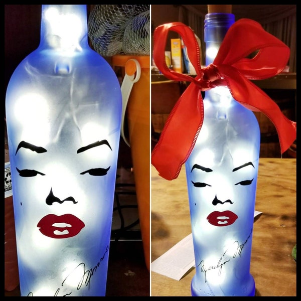 Marilyn Monroe light up wine bottle, Up-cycled Wine bottle, Wine Lover Gift,  Friends gift, hostess gift,  movie star collector gift