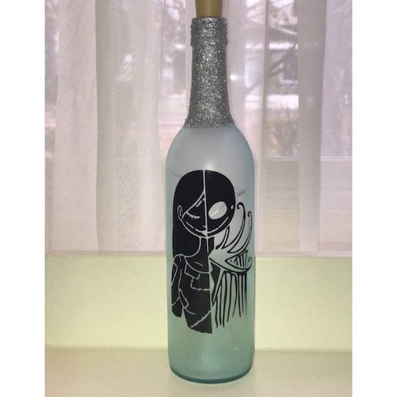 Nightmare Before Christmas light up wine bottle / Jack and Sally /Up-cycled Wine bottle / Wine Lover Gift Night Light