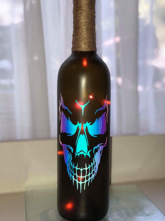 Skull Light Up Wine Bottle Decoration Up Cycled Wine Etsy