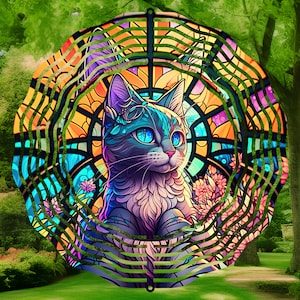 Stained glass cat wind spinner / 8 inch  / garden decor / outdoor decoration