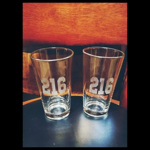 216 Cleveland etched pint glass, man cave, 16oz pint glass, home bar, Cleveland lover