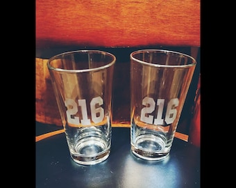 216 Cleveland etched pint glass, man cave, 16oz pint glass, home bar, Cleveland lover