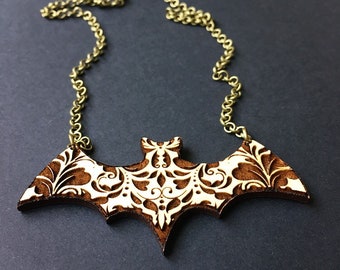 Wood Mandala Bat Necklace