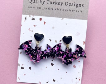 Purple glitter Bat Earrings| pastel goth earrings | Spooky Earrings | Bat Dangle earrings