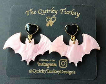 Pink Pearlescent Bat Earrings| pastel goth earrings | Spooky Earrings | Bat Dangle earrings