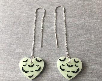 Glow in the dark sterling silver bat u threader earrings