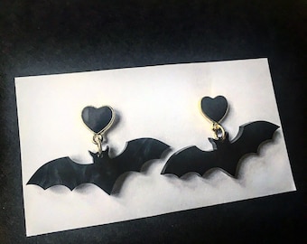 Black Enamel Heart Bat Earrings