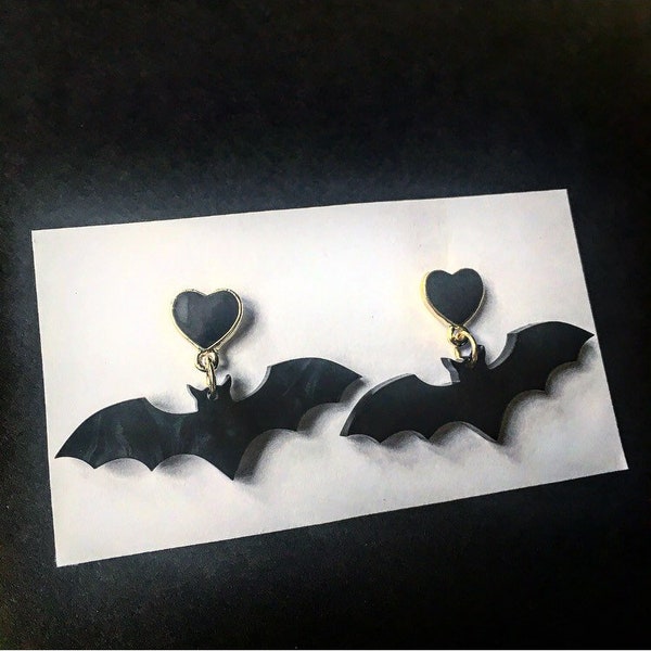 Black Enamel Heart Bat Earrings
