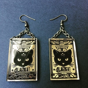 Gold Mirror Black Cat Tarot Card Earrings