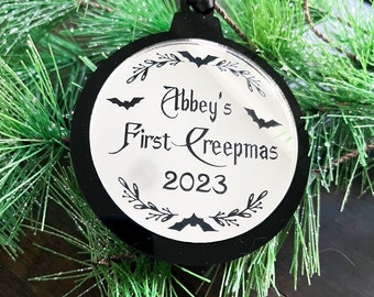 Baby's First Creepmas Ornament, baby bat Christmas ornament, goth Christmas ornament, bat lover Christmas gift, creepy Christmas ornament