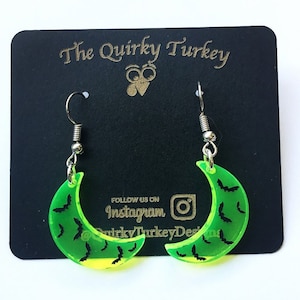 Fluorescent Green Bat Moon Earrings