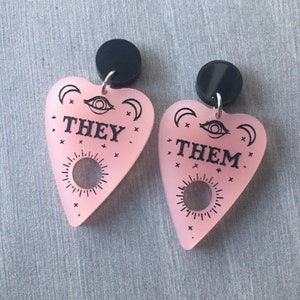 Pronoun Planchette Earrings / Goth Jewelry / Pastel Goth Earrings / Pronoun Jewelry / Spooky Earrings / Sterling Silver / Hypoallergenic