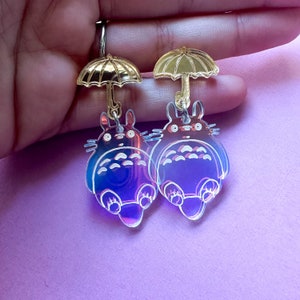 Iridescent Totoro Earrings with Gold Mirror Umbrella Studs