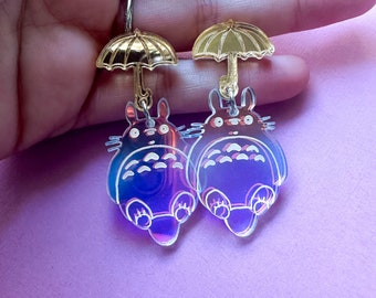 Iridescent Totoro Earrings with Gold Mirror Umbrella Studs