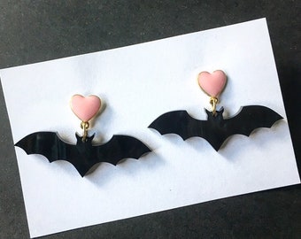 pink Enamel Heart Black Bat Earrings