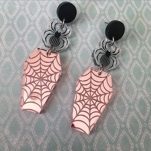 Rose Gold Coffin Web Earrings / Spider Earrings / Coffin Jewelry / Halloween Jewelry / Goth Earrings / Pastel Goth / Hypoallergenic/ Clip on