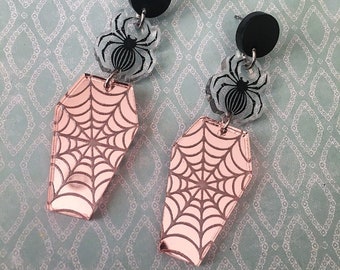 Rose Gold Coffin Web Earrings / Spider Earrings / Coffin Jewelry / Halloween Jewelry / Goth Earrings / Pastel Goth / Hypoallergenic/ Clip on