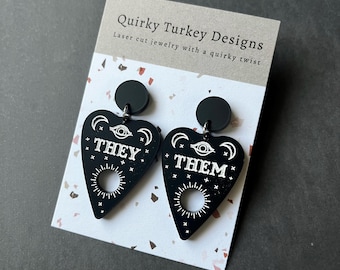 Pronoun Ouija Earrings, They Them gift, Goth nonbinary, Pastel Goth, Pronoun Jewelry, Ouija, Witchy, nonbinary gift, hypoallergenic, clip on