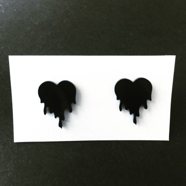 Dripping Black Heart Earrings | Goth Earring Studs | Sterling Silver | Hypoallergenic | Minimalist Goth Earrings