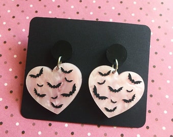 Heart Bat Earrings | Pastel goth | goth earrings | Hypoallergenic | Bat Jewelry | Halloween Jewelry | Bat lover | Clip ons | sterling silver