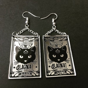 Silver Mirror Black Cat Tarot Card Earrings