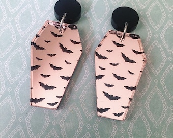 Rose Gold Bat Coffin Earrings / Pastel Goth / Halloween Earrings / Bat Jewelry / Hypoallergenic / Goth Earrings / Bat Lover Jewelry /