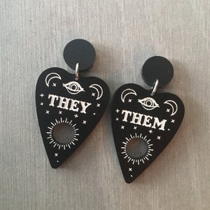 Pronoun Planchette Earrings / Goth non-binary Jewelry / Pastel Goth Earrings / Pronoun Jewelry / Spooky Earrings / Hypoallergenic