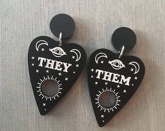 Pronoun Planchette Earrings / Goth non-binary Jewelry / Pastel Goth Earrings / Pronoun Jewelry / Spooky Earrings / Hypoallergenic