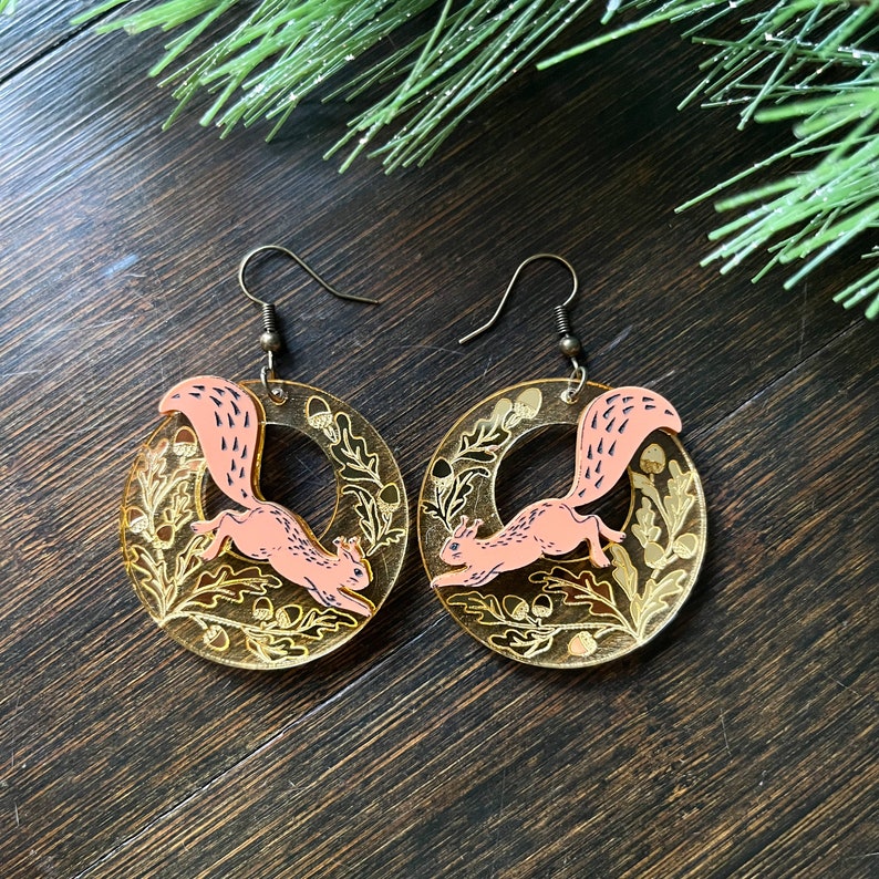 Whimsical Fall Squirrel Earrings with Gold Mirror Leaves and Acorns, fall jewelry, autumn earrings, woodland creatures, Fall earrings image 3