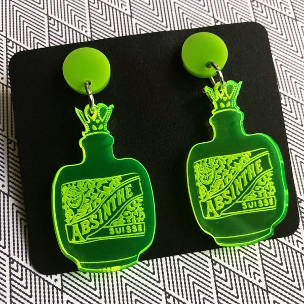 Fluorescent Absinthe bottle earrings | Fairy Earrings | Glow Earrings | Rave Earrings | Black Light Jewelry | Vintage Earrings | Hypoaller