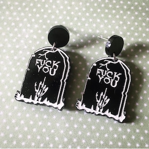 F*ck You Tombstone Earrings / Goth Earrings / Halloween Jewelry / Badass Earrings / Hypoallergenic Earrings / Clip-On earrings /
