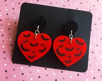 Red Heart Bat Earrings