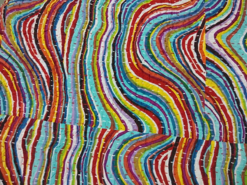 Indian handmade new lahariya pattern kantha quilt Queen size kantha bedspread 108x90 kantha blankets pure cotton kantha throw perfect match