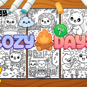 Könnte beinhalten: Ein Set aus vier Malvorlagen mit niedlichen Tierfiguren in gemütlichen Umgebungen. Die Seiten zeigen einen schlafenden Bären, eine Feuerstellenszene, ein Eichhörnchen sowie eine Ente und einen Frosch. Der Titel des Malbuches lautet "Cozy Days Vol. 1".