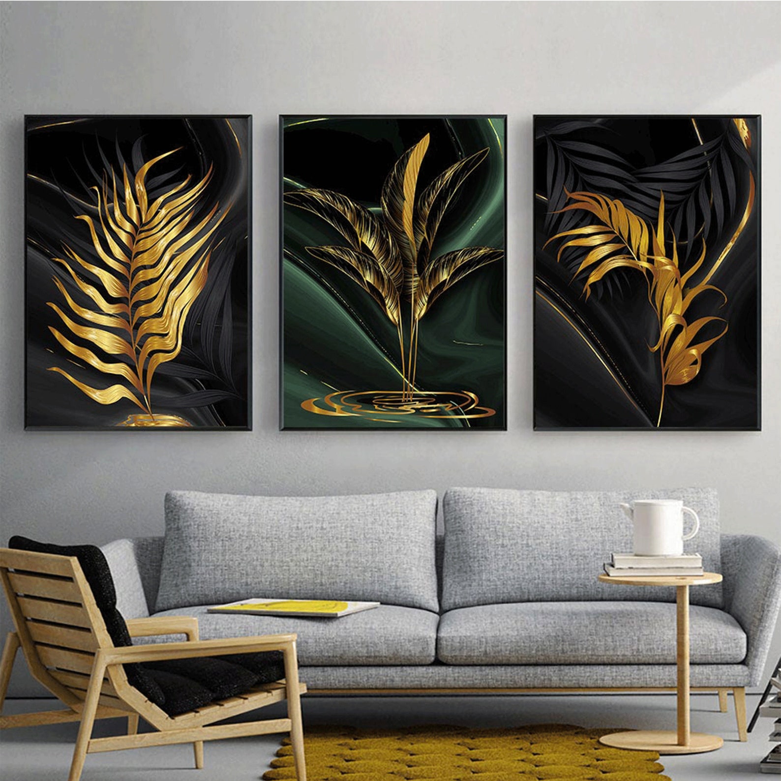 Leaves Painting Gold Wall Art Canvas Prints Modern Art Etsy