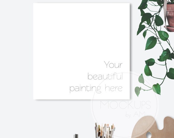 Download Free Square Canvas Painting Mockup With A Hanging Plant ...
